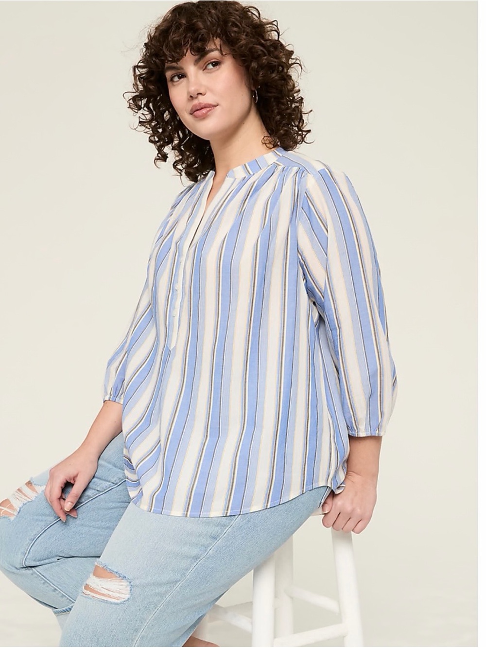 Lane Bryant Women's 22/24 PulloverTop Light Blue/White Stripes V-Neck 3/4 Sleeve